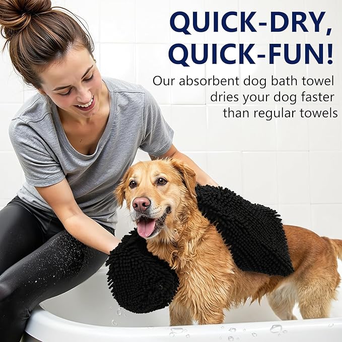 OLANLY Chenille Dog Bath Towel 31x13, Ultra Absorbent Quick Dry Pet Towel, Extra Soft Washable Plush Towel for Large Dogs & Puppies, Indoor Outdoor Use, Black