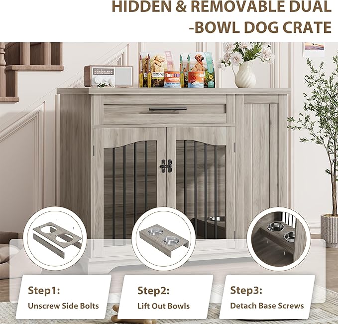 Furniture Style Dog Crate for Large Dogs, 44 Inch Heavy Duty Wooden Dog Kennel Furniture with Drawer & Side Storage and Bulit-in Feeding Station,Grey Set of 2