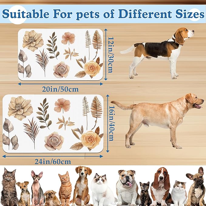 Floral Palm Leaves Dog Cat Food Mat–Absorbent Waterproof Placemat for Food and Water Bowls, Non Slip Rubber Backing, Feeding Mat for Clean Floors 12"x20"