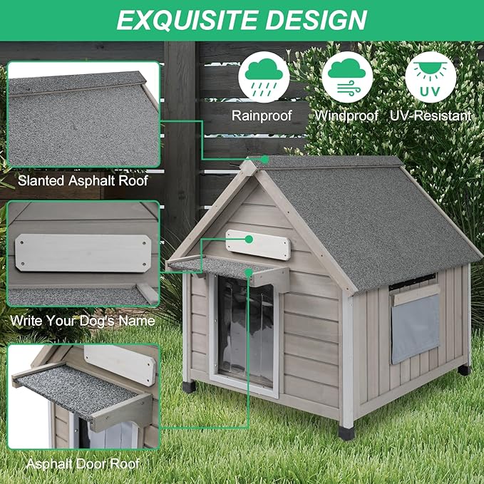 PetsCosset 26" L Outdoor Dog House with Waterproof Asphalt Roof for Small to Medium Dogs,Large Wooden Indoor Dog Kennel with Anti-Chewing Metal,Oxford Cloth Window,Durable Doghouse for 1-2 Dogs