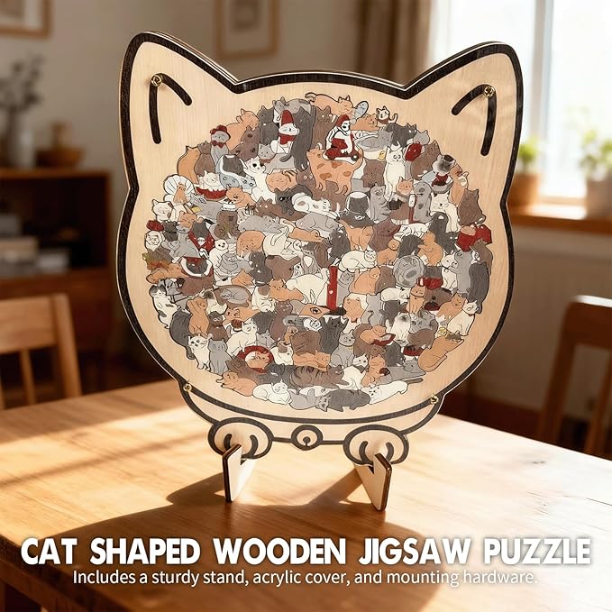 135-Piece Morandi-Colored Cat Shaped Wooden Jigsaw Puzzle, Cute Cat Puzzle, Challenging Irregular, Cute Home Decor for cat Lovers (E)