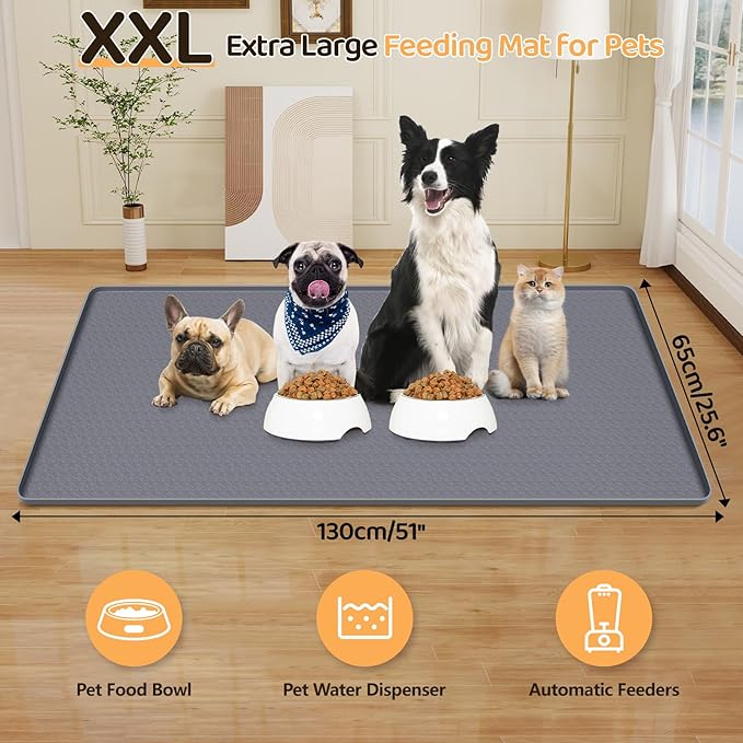 Dog Food Mat, Extra Large 51" x 25.6" Silicone Pet Feeding Mat with Raised Edge Pet Placemat for Small, Medium, and Large Pets Non-Slip, Easy to Clean (Dark Grey)