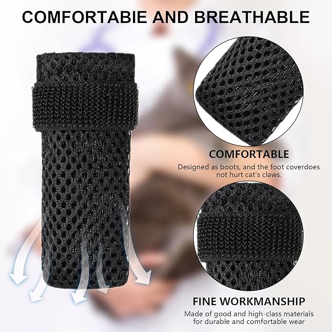 4 Pack Breathable Cat Shoes to Prevent Scratcning, Adjustable Only Cats Booties Mittens Socks (Black, S)