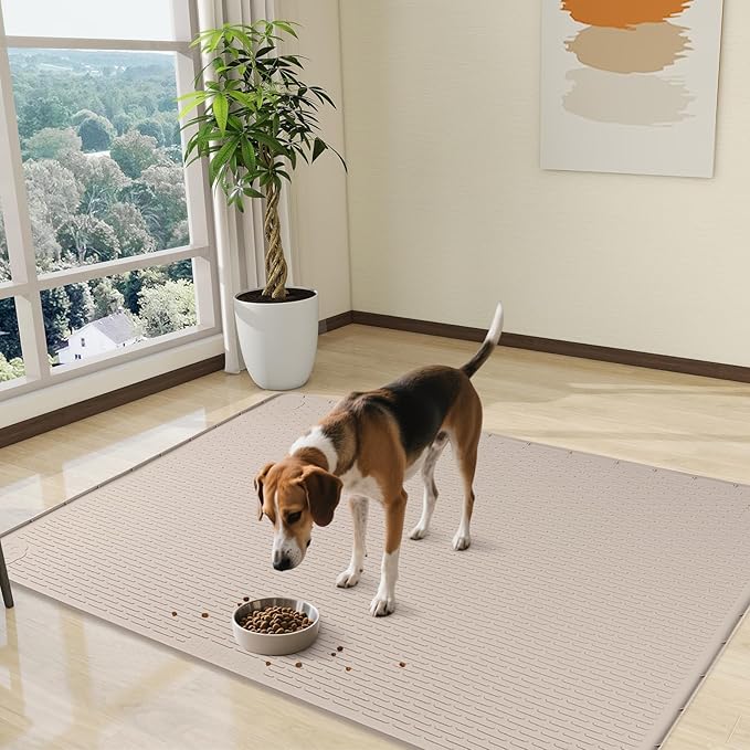 Dog Food Mat, Extra Large 50" x 35" Silicone Pet Feeding Mat with Raised Edge Pet Placemat for Small, Medium, and Large Pets Non-Slip, Easy to Clean (Khaki)