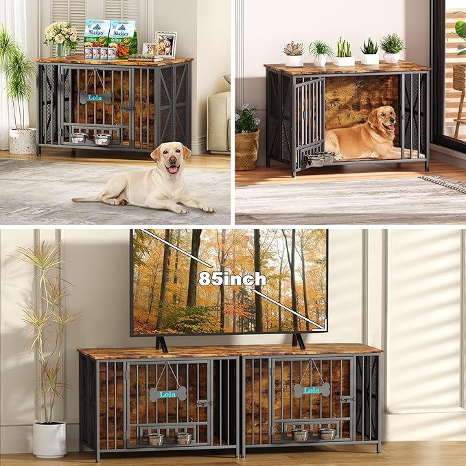 Easycom Foldable Large Dog Crate Furniture, 41.3" Assembly-Free Dog Crates for Large Dogs, Wooden Dog Kennel Indoor with Tag & Dog Bowls, Dog Cage Use as TV Stand, Rustic Brown