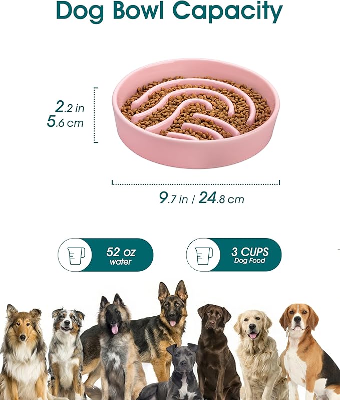 vancasso Slow Feeder Dog Bowl, 3 Cup Ceramic Slow Feeding Food Dish for Large Breed, Puzzle Dog Food Bowl for Fast Eater, Pink