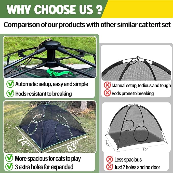 Cat Tents for Outside, Green Outdoor Cat Enclosures, Foldable Pet Playpen with Tunnels for Outside, Portable 4-in-1 Catio Including 2 Tents and 2 Tunnels