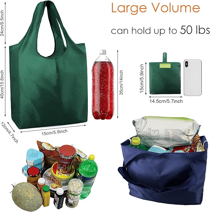 BeeGreen Colorful Reusable Grocery Bags 6 Pack, Heavy Duty Totes for Women, Foldable Grocery Bag Large Shopping Totes with Handles for Work, Travel, Gift, Store, Polyester Washable Reusable Tote Bag