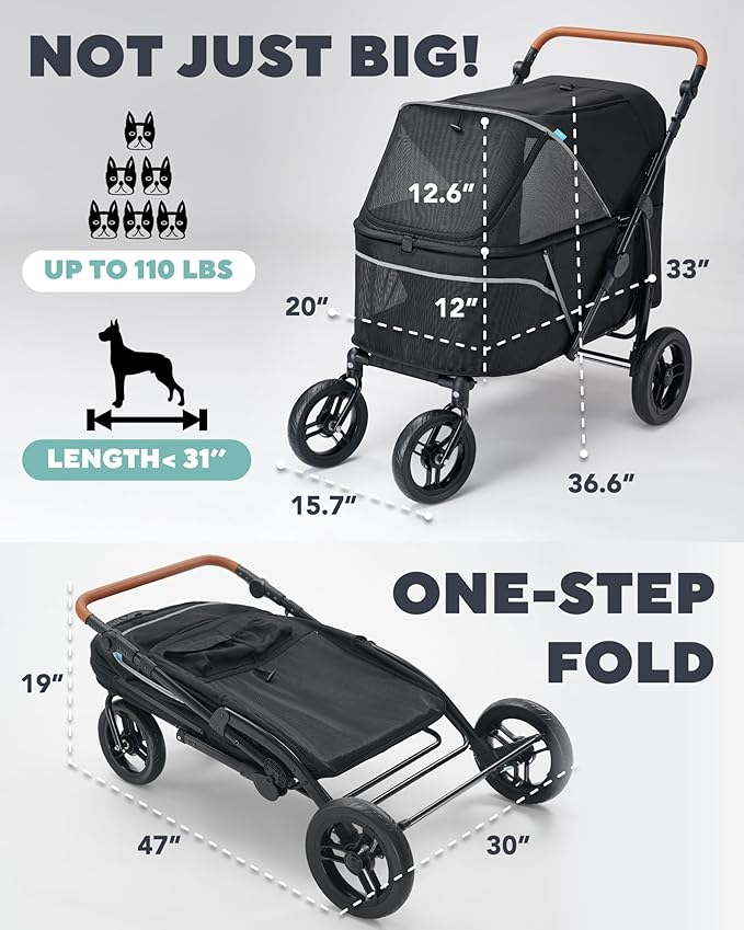 Pet Stroller for Large Dogs up to 110lbs, Large Pet Stroller for Multiple Pets, All-Terrain with Adjustable Handle & Mesh Dual-Window, 1680D Waterproof Oxford Fiber