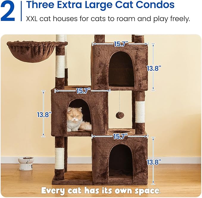 MWPO Extra Large Cat Tree - 70.1-Inch Tall Cat Tower with 3 Cat Condos, Multi-Level Cat Stand for Large Cats Featuring Scratching Posts, Padded Perches, Hammock, Dangling Toys, Brown