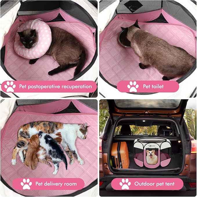 Dog Cat Playpen, Puppy Pet Playpen Indoor for Dog Crate Tent Cage Outdoor, Portable Pop Up Dogs Enclosure Kennel with Carrying Case for Dogs/Cats/Rabbits (Pink with Pad, Medium)