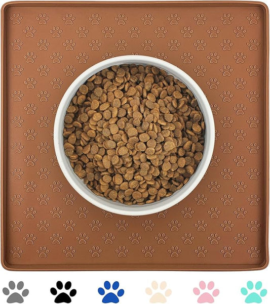 Ptlom Pet Placemat for Dog and Cat, Waterproof Silicone Pet Feeding Bowl Mats for Food and Water, Small Medium Large Dogs Mat Prevent Residues from Spilling to Floor, Brown, 11.8"x11.8"