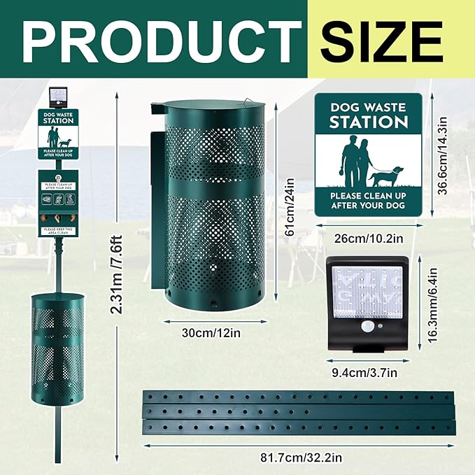 Dog Waste Station with Solar Panels Outdoor LED Galvanized Steel Dog Trash Bin with Poop Bag Dispenser Light up at Night Rust Proof Pet Trash Station for Commercial Park Backyard