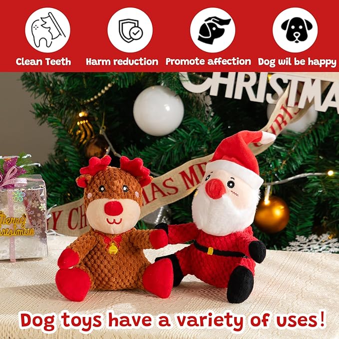 Hollypet Christmas Squeaky Plush Stuffed Durable Dog Toys, Cute Puppy Chew Toys for Small, Medium and Large Breed Dogs,Santa Claus and Christmas Elk