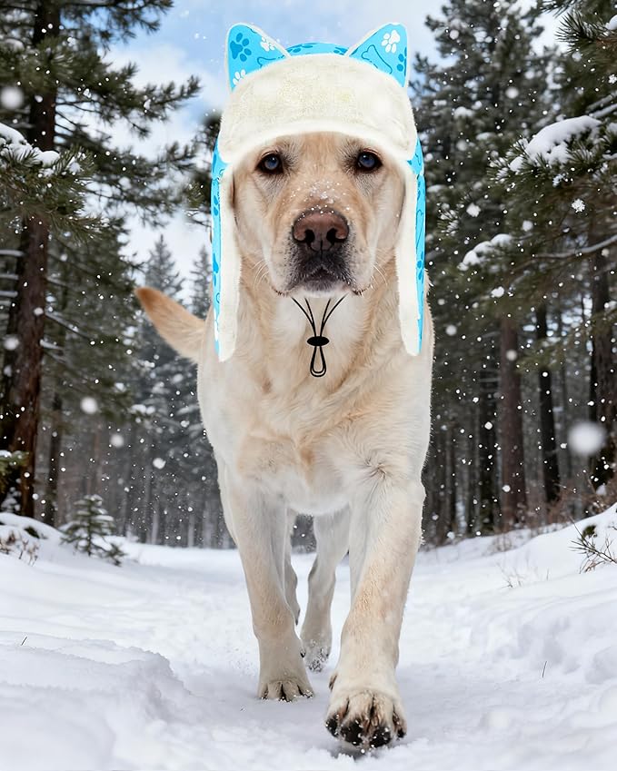 PET SHOW Dog Trapper Hat Winter Hat for Medium Large Dogs Warm Fleece Aviator Hats with Ear Flaps Adjustable Outdoor Boy Pet Pilot Costume Cap L-Blue Paw/Without Ear Holes