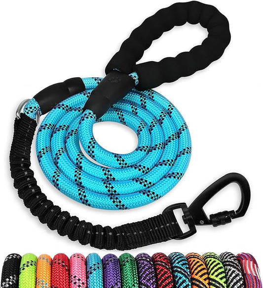 Rope Dog Leash 4 FT: Heavy Duty Leashes with Swivel Lockable Hook Reflective Threads Bungee and Padded Handle - Dog Lead for Large Small Medium Dogs Outside Walking Hiking Blue