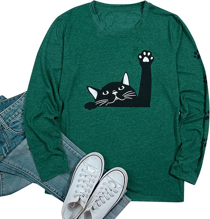 JINTING Cat Shirts for Women - Loose Fit Lightweight Long Sleeve Graphic Tee Fall Printed Crewneck Blouse Casual Tops