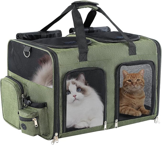 Cat Carrier for 2 Cats - Double Pet Carrier Extra Large, Dual Cabin Multi Cat Travel Carrier with Removable Divider, Collapsible, Can Hold 20 30 40 lbs for Two Small Kitten, Medium Dog Green