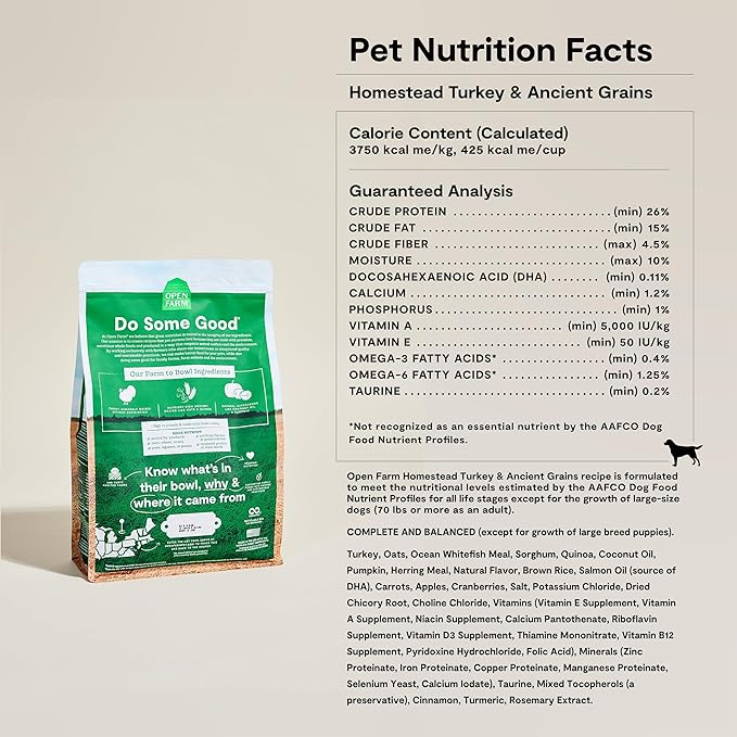 Open Farm, Ancient Grains Dry Dog Food, Protein-Rich & Nutrient Dense, 90% Animal Protein Mixed with Non-GMO Fruits, Veggies and Superfoods, Homestead Turkey Recipe, 4lb Bag