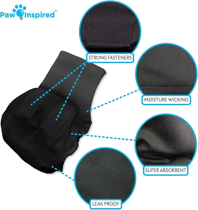 Paw Inspired 3-Count Reusable Male Dog Wraps, Washable Diapers for Male Dogs, Belly Bands for Incontinence, Surgery, Male Marking (Medium Size, Black Color with Black Lining, Pack of 3)