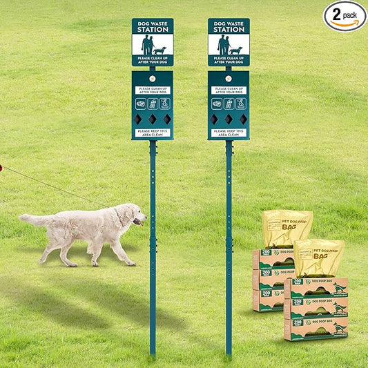 Dog Waste Station with Bags Galvanized Steel Outdoor Pet Bin Dispenser Reflective Sign Rust Proof System for Backyard Commercial Park(2 Pack)