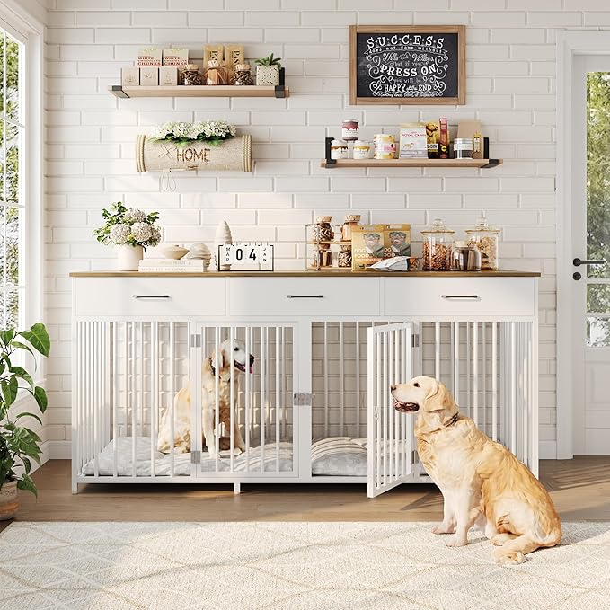 HOSTACK Double Dog Crates Furniture, 71" Wide Indoor Dog Kennel with 3 Drawers, Farmhouse Dog Cage for 2 Large/Medium Dogs, Heavy Duty Dog Crate with Removable Room Divider, Wooden Pet House, White