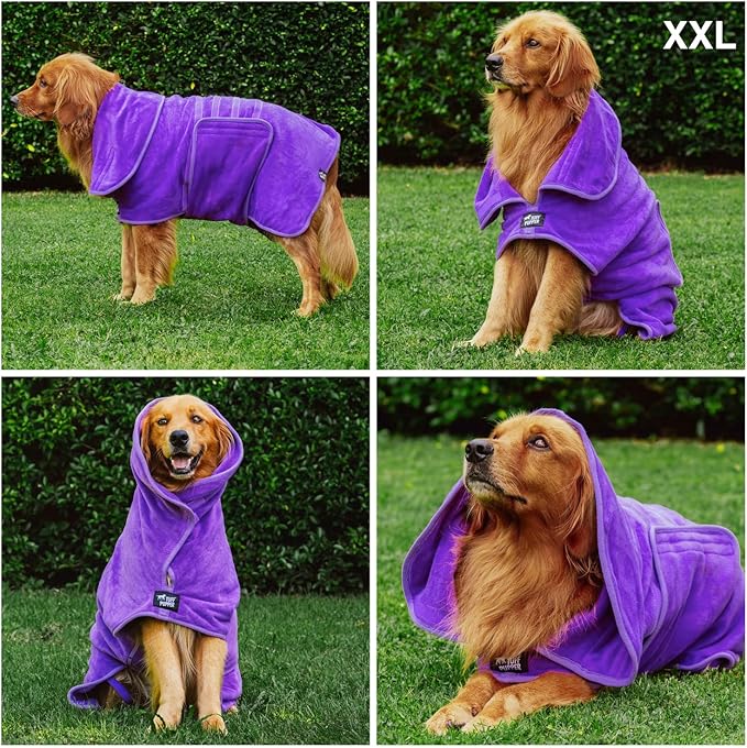 Tuff Pupper Fast Drying Dog Bath Robe | 800 GSM Plush Dog Towel Bathrobe/Dressing Gown | Super Absorbent Pet/Puppy Bathrobe | Adjustable Hood & Belly Strap | Super Soft | Fast Drying (XXL, Purple)