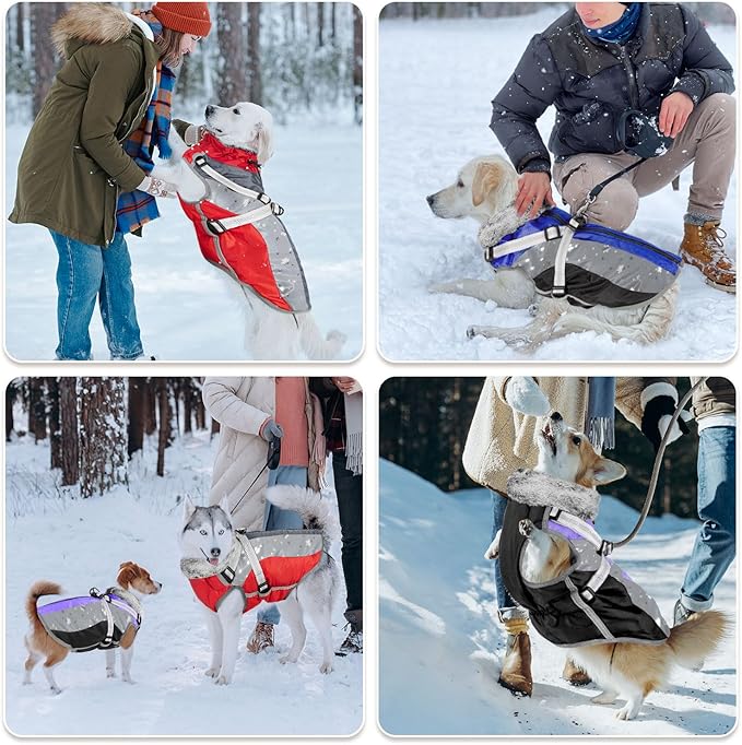 SlowTon Dog Jacket with Harness Built in - Waterproof Fleece Winter Warm Dog Coats for Small Medium Dogs, Reflective Adjustable Furry Puppy Vest Clothes for Outdoor Walking (Blue,XL)