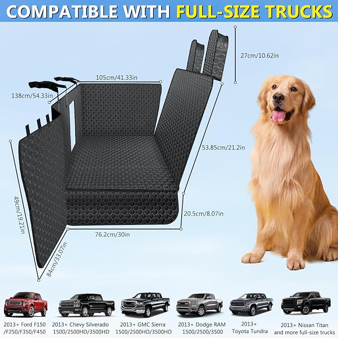 Truck Back Seat Extender for Dogs, Upgraded Waterproof Pet Seat Cover with Door Protection, Hard Bottom, Holds 420lbs, Dog Hammock for F150/Silverado 1500/GMC Sierra 1500/RAM 1500/Titan