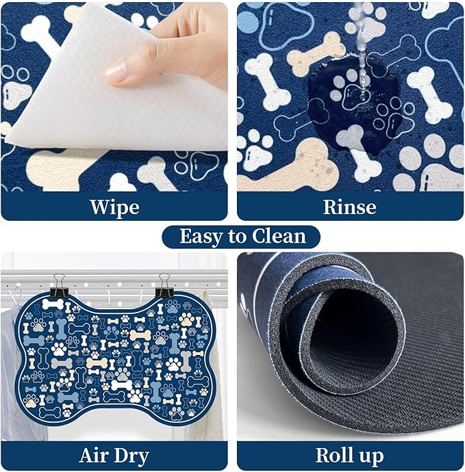 Dog & Cat Food Mat Bone Shaped Pet Feeding Mat Quick Absorb Water Bowl Placemat with Rubber Backing Indoor Floor Stain Resistant Pet Accessory Supplies (Blue, 12x24 Inches)