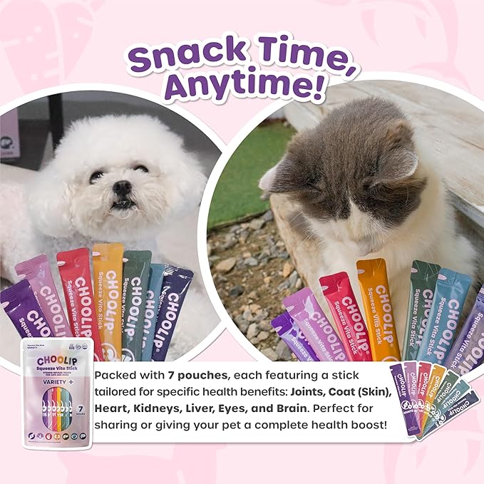 Choolip Squeeze Vita Stick Lickable Cat Treats & Dog Puree – 7-Count Variety Pack, Creamy Grain-Free Puree Treats with Multivitamins, Vet-Formulated for All Life Stages & Total Wellness