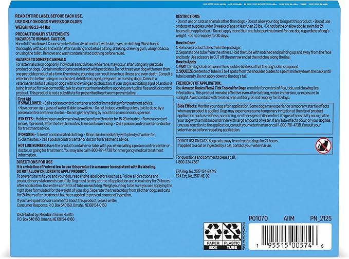 Amazon Basics Flea and Tick Topical Treatment for Medium Dogs (23-44 Pounds), 6 Count, Packaging May Vary