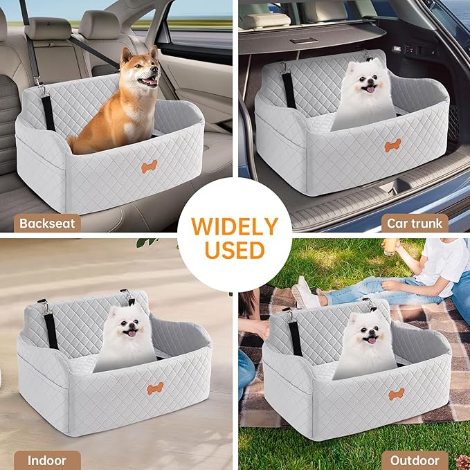 Car Seat for Large Size Dog, Booster Seat for Dogs Under 55 lbs or 2 Small Dogs, Soft Car Dog Bed Filling in Thick Memory Foam with 2 Safety Leashes and Storage Pocket (Grey)