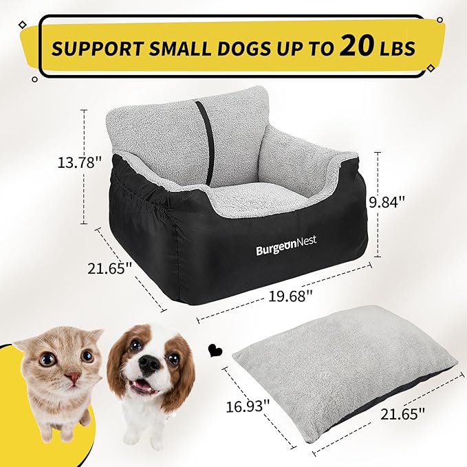 BurgeonNest Dog Car Seat for Small Dogs, Soft Pet Car Travel Home Bed Under 25 lbs, Fully Detachable and Washable Cat Booster Carseats with Storage Pockets and Clip-On Leash Portable Carrier,Black