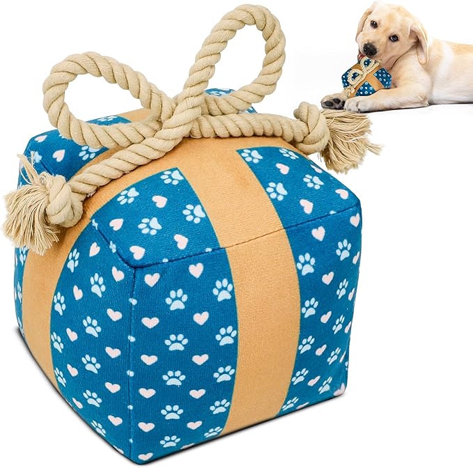Gift Box Dog Toy – Christmas & Birthday Dog Toy, Interactive Squeaker,Rope, and Crinkles for Cute Puppy Stocking Stuffer