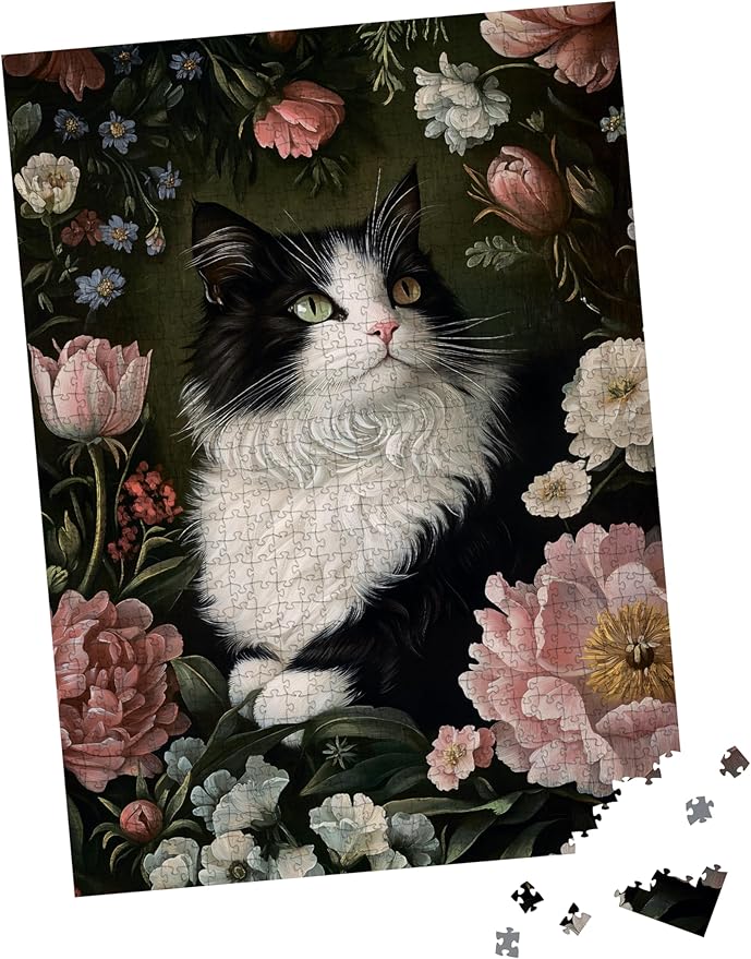 Cat in Blossoms, 1000 Piece Puzzle for Adults, Hard Challenging Jigsaw Puzzle with Bonus Poster Included. Vintage Cat and Flowers Puzzle. TumbaUmba. Beautiful Art Puzzle.