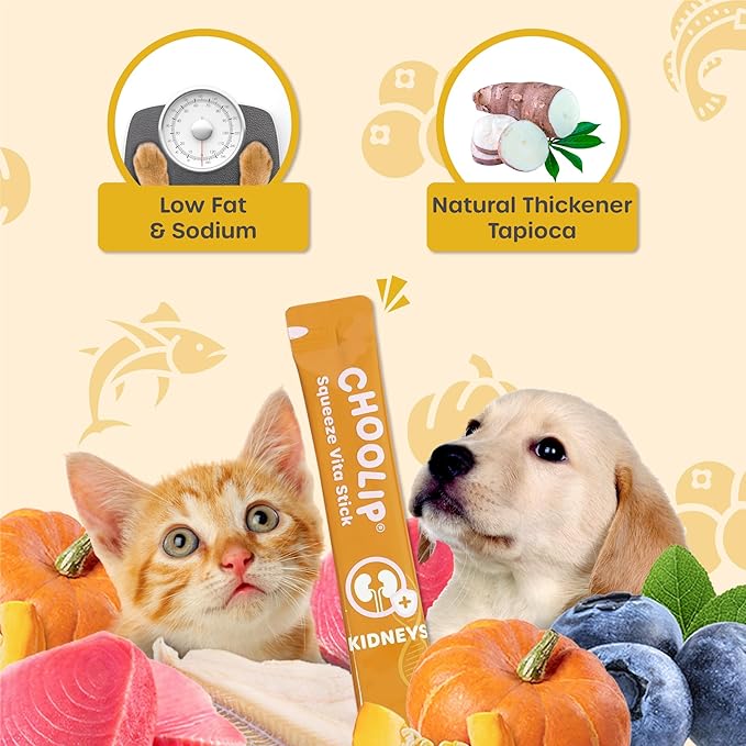 Choolip Squeeze Vita Stick Lickable Cat Treats & Dog Puree – 49-Count Kidney Support Tubes, Creamy Puree with Multivitamins for Urinary & Kidney Health, Grain-Free High-Protein Vet-Formulated Treats