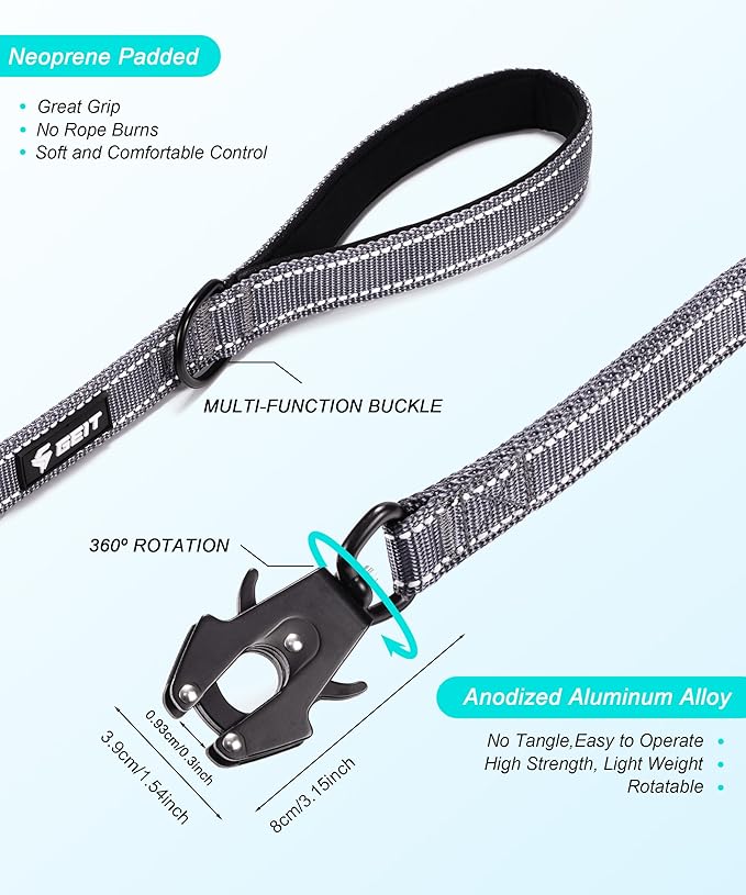GEIT 4/5/6FT Heavy Duty Dog Leash with 2 Comfortable Padded Handles, Reflective Rope Leashes with Quick Release/Locking Tactical Frog Clip for Small Medium and Large Dogs, Grey