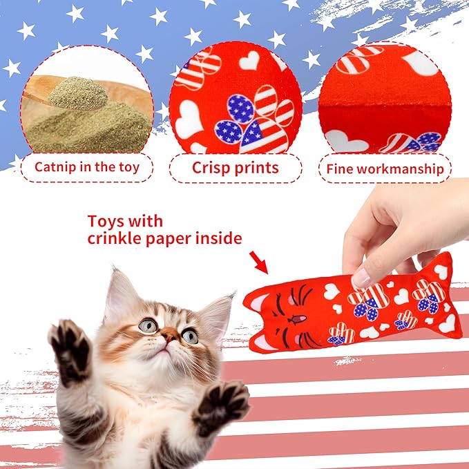 4th of July Cat Toys for Indoor Cats Patriotic Large Adult Cat Catnip Plush Toys with Crinkle Independence Day Kitten Chewing Kicker Toy 6 PCS