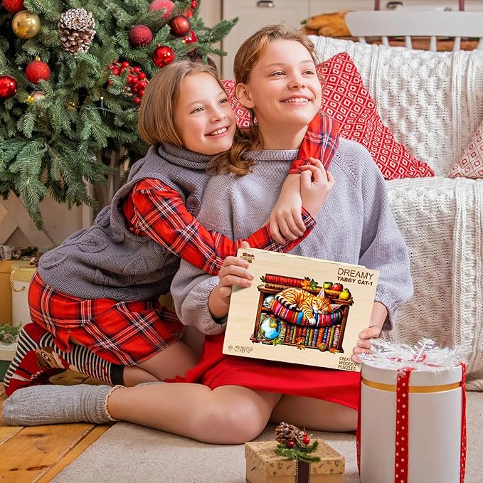 Wooden Puzzles for Adults - Dreamy Tabby Cat Wooden Jigsaw Puzzle, Unique Animal Shaped Wood Puzzles Adult, Christmas Birthday Gifts for Friends/Family, Home Decor 11.4 * 8.1 in 180pcs