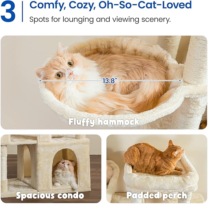 MWPO Extra Large Cat Tree - 70.1-Inch Tall Cat Tower with 3 Cat Condos, Multi-Level Cat Stand for Large Cats Featuring Scratching Posts, Padded Perches, Hammock, Dangling Toys, Beige