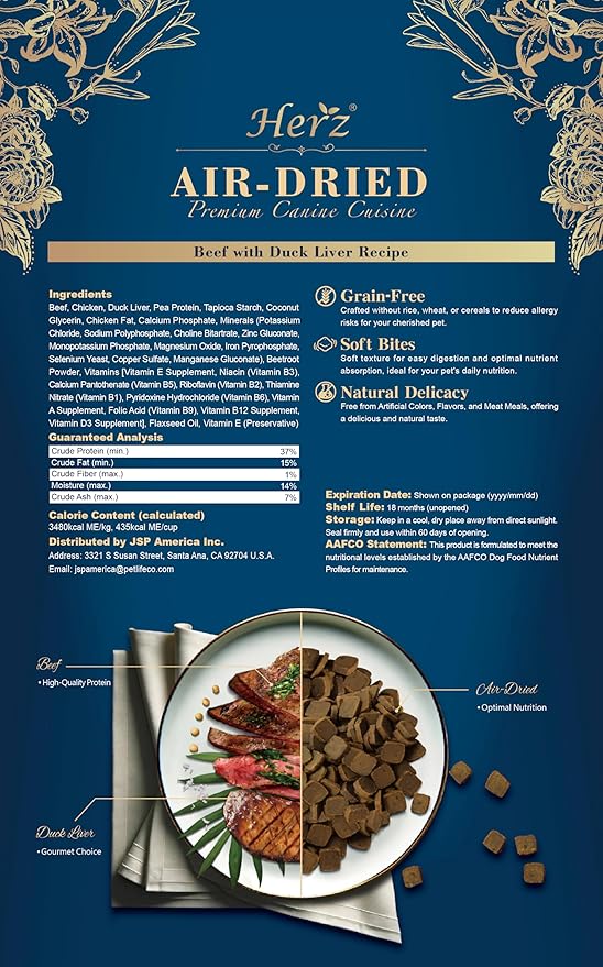 Herz Air-Dried Dog Food Beef & Duck Liver Recipe 2.2 lb, All-Natural, High-Protein, Grain-Free, Limited Ingredients, Complete & Balanced, Premium Canine Cuisine