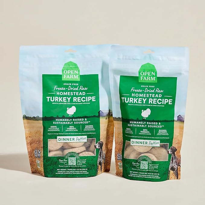 Open Farm, Freeze Dried Raw Dog Food, Patties with 95% Meat, Organs & Bone, Complete Meal or Freeze Dried Dog Food Mixer, Turkey Recipe, 10.5oz Bag