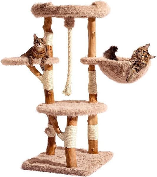 Aesthetic Cat Tree Tower for Large Cats, Large Cat Tree for Maine Coon Indoor Cats with Faux Fox Fur, Solid Wood Sisal Scratching Post, Hammock, Perches, Platform, Toy Ball