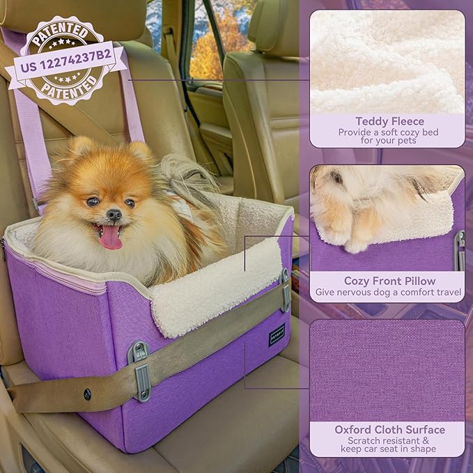 PETSFIT Small Dog Car Seat – Patented Safety Buckles – Safety Tether – Foldable Travel Dog Booster Car Seat Reduces Anxiety & Road Trips – Stable Frame, Soft Cushion, Fits Front/Back Seat (Purple)