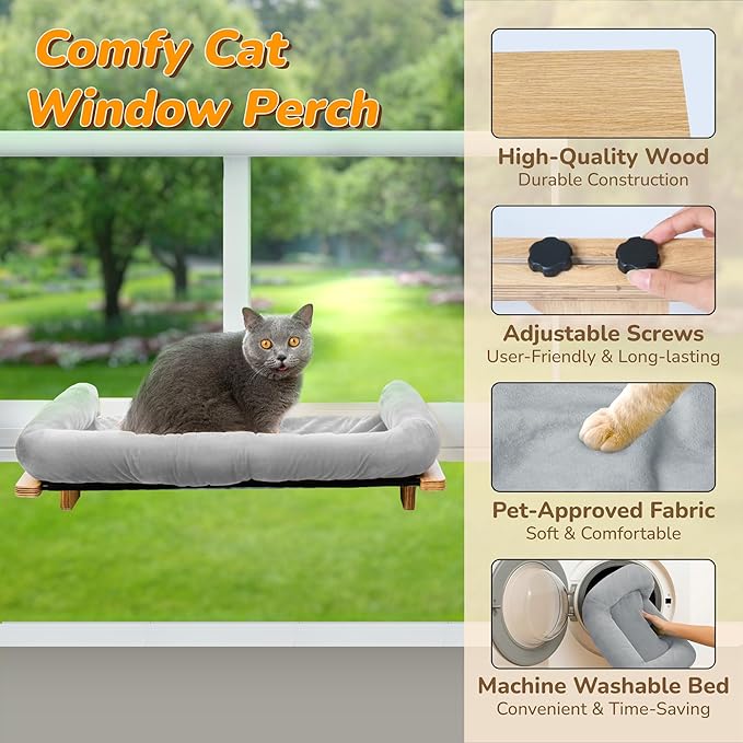 45LBS Capacity Cat Window Perch with Bolster, Hammock Seat with Plywood & Metal Frame, Cat Window Bed for Indoor Cats & Kitten, Extra Cood Pad (Natural Wood & Gray Cushion, 24.8''W x 9.4''H)