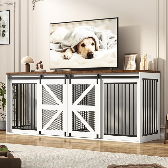 87In Farmhouse Dog Crate TV Stand, Wooden Dog Kennel Furniture with Sliding Metal Mesh Barn Door, Large Dog Crate Furniture for 2 Dogs, Solid Metal Tube & 2 Lockable Doors, White & Brown