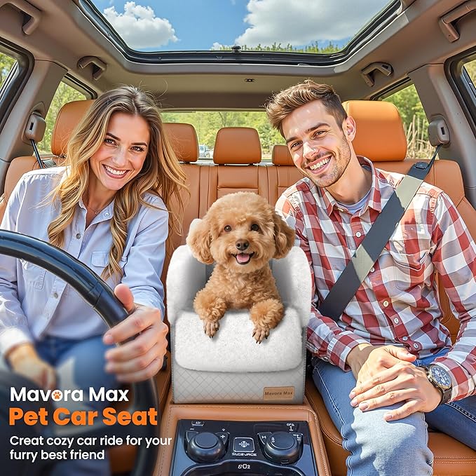 Portable Small Dog Seat for Car, Luxury Center Console Dog Car Seat Booster with Safety Tethers, Anti-Collapse Pet Travel Carseat for SUV, Truck (Light Grey/White)