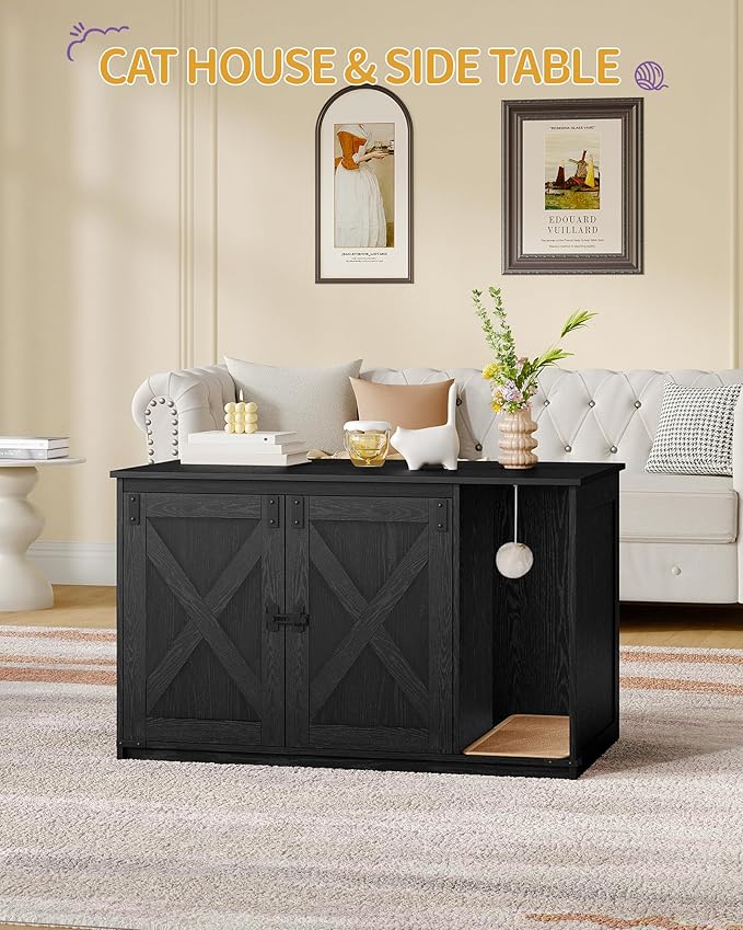 Cat Litter Box Enclosure, Hidden Litter Box Cabinet Furniture with Bell, Indoor Cats House, Farmhouse Style, 39.4 x 21.7X 24.8 Inches for Hallway, Bedroom, Black CB85204X