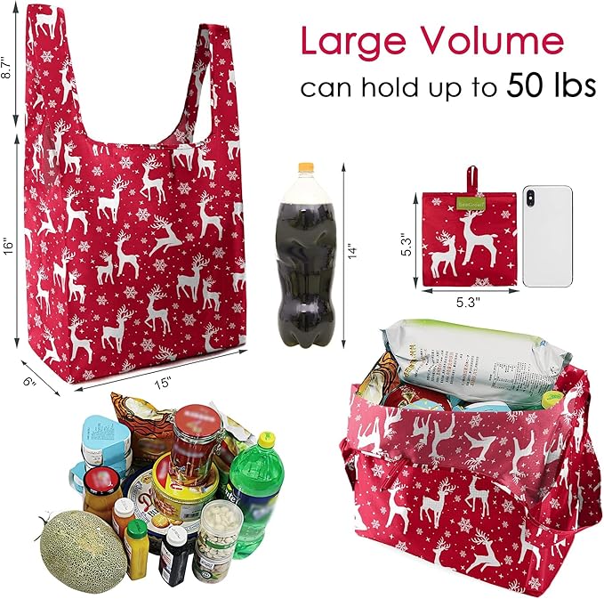 BeeGreen Christmas Reusable Grocery Bags with Zipper Storage Pouch 10 Packs Deer Reusable Shopping Bags Bulk with Elastic Band Foldable-Machine Washable Christmas Gifts Tote Bags